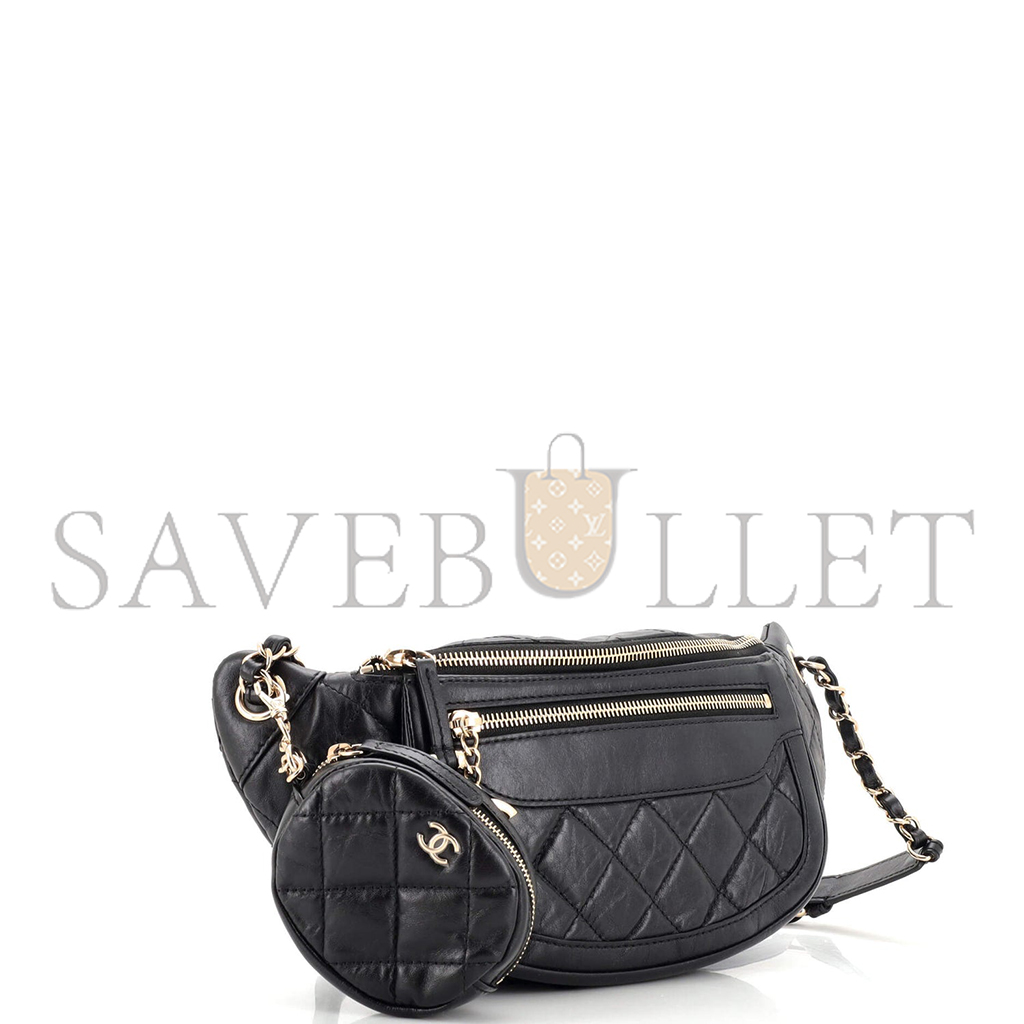 Ch*el front zip waist bag with coin purse quilted aged calfskin as1077 (34*15*6cm)